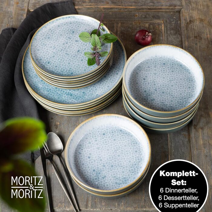 Moritz & Moritz TERRA 18-Piece Dinnerware Set, 6 People - Plate Set in Radiant Azure Blue made of High-Quality Porcelain - Dinnerware Set for 6, consisting of 6 Dinner Plates, Dessert Plates, and Bowls each, Azure Blue, 18-Piece Dinnerware Set