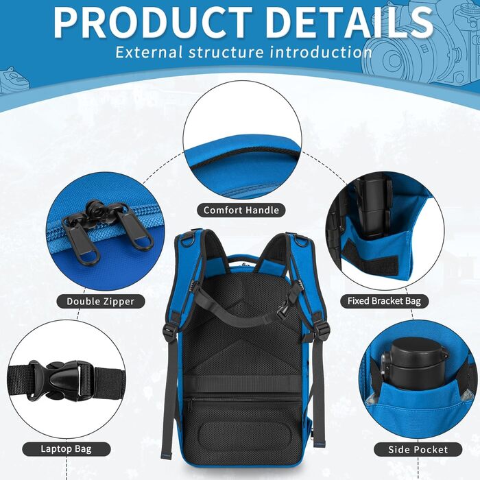 Рюкзак для фотокамери з жорстким корпусом, водонепроникний, ударостійкий, з відділенням для ноутбука 15,6 дюймів та кріпленням для штатива, сумісний з Canon/Nikon/Sony (Блакитний)