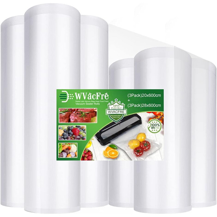 WVacFre 6 Rolls of Vacuum Sealer Rolls (3) 20x600cm and (3) 28x600cm for Food, BPA-Free Vacuum Bags, Sous Vide Bags, and Vacuum Sealer Rolls for Vacuum Sealers and Heat Sealers. Suitable