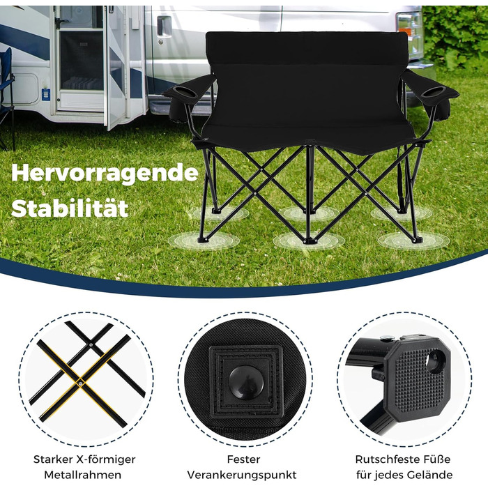 Крісло для кемпінгу на 2 особи Costway, розкладне з підстаканниками та підлокітниками, 300 кг, з сумкою для перенесення, для відпочинку, пікніків та риболовлі (чорний)