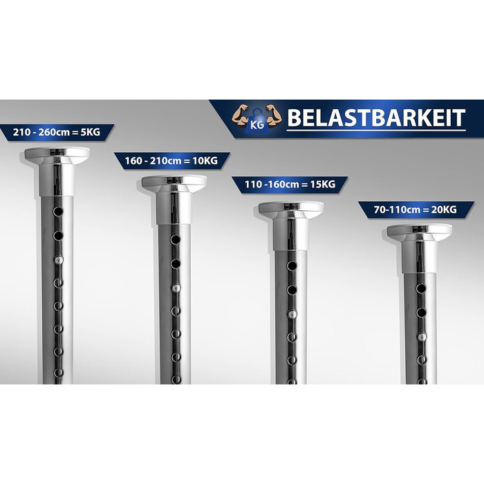 Штанга для душу без свердління 160-210 см, срібна, Ø 25 мм, телескопічна. Підходить для ванної, душу та перегородки. Штанга з нержавіючої сталі