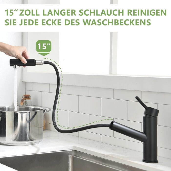 Кухонний змішувач AIMADI висувний чорний з 3-х режимним душем, 38 см шланг, однорідний змішувач для холодної та гарячої води, підходить для раковини та кухонного острова, водоспад, чорний колір