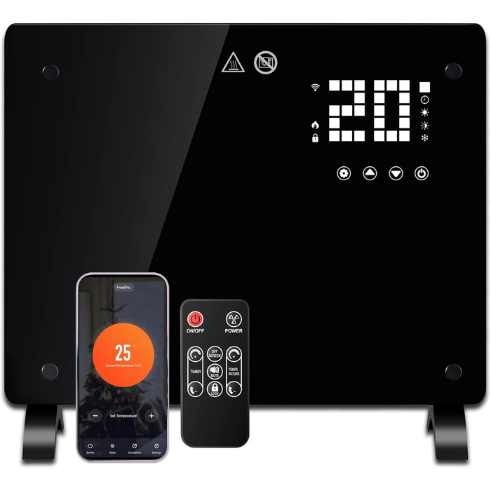 Конвектор DONYER POWER 2500W з Wi-Fi, чорний, з таймером та дистанційним керуванням, скляна панель