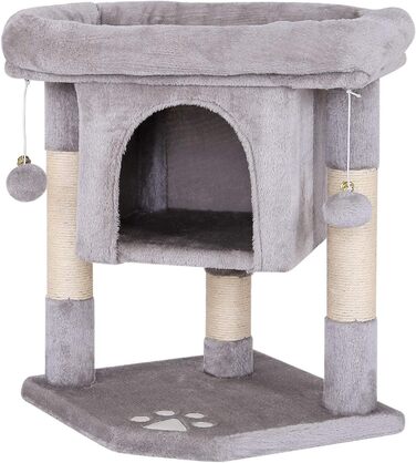 Lionto Scratching Post for Cats with Cave & 2 Plush Balls including Bell, Height 60 cm, Cat Tree with Robust Sisal Rope & Soft Plush, Cozy Lying Area, for Small & Large Cats, Light Grey