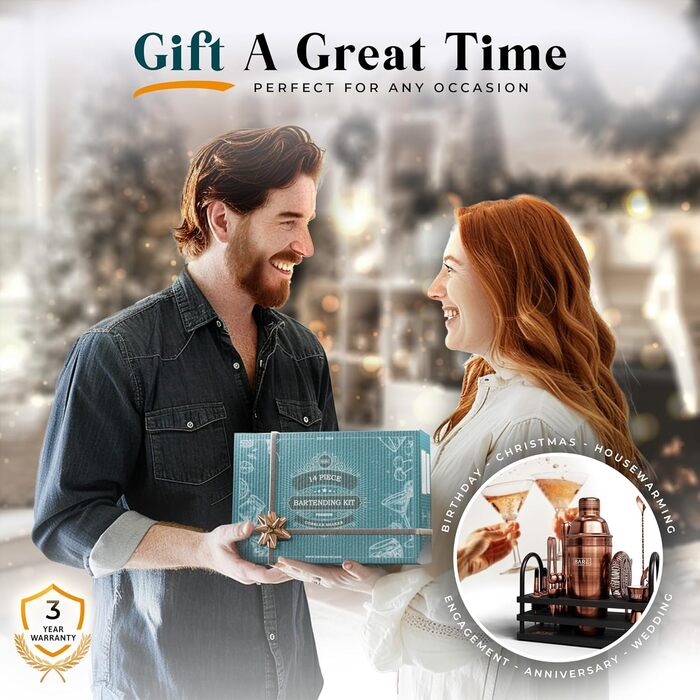 Набір бармена BARE BARREL® з 14 предметів: шейкер, аксесуари для приготування коктейлів, шейкер Cobbler 24oz, 35 рецептів, подарунковий набір