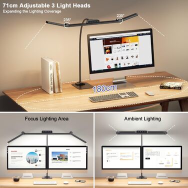 LED лампа настільна з кріпленням, 24W, 3 лампи, регулювання яскравості для офісу, 1200LM, захист очей, гнушкий «лебединий» шийка, 4 колірні температури, таймер 30 хв (чорний)