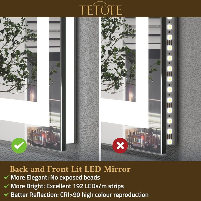 Дзеркало для ванної кімнати TETOTE з підсвічуванням 50x70 см, без рами, LED, сенсорне керування, 3 кольори, регулювання яскравості, пам'ять, 70 см x 50 см