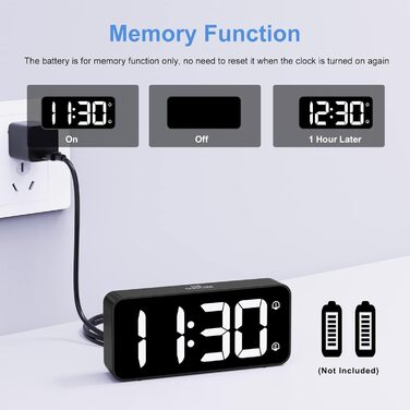 LED-годинник LATEC з двома будильниками, USB-порт для зарядки, регулювання яскравості, гучність 90-120 дБ, 8 мелодій, 12/24 год, чорний