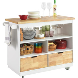 SoBuy Kitchen Cart with Countertop - Rolling Kitchen Island with Spice Rack & Storage - White & Natural Finish