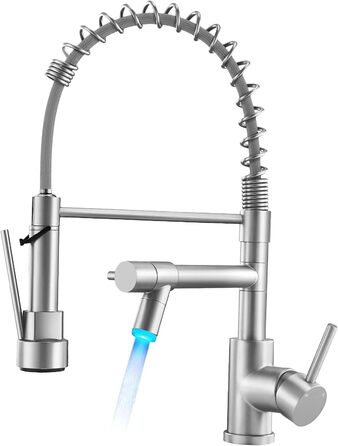 Сучасна кухонна змішувач Warmiehomy з LED-підсвічуванням, поворотний на 360°, з двома виливами, високий вигин, спіральна пружина, для мийки, з нержавіючої сталі, брашований нікель