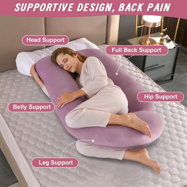 Подушка для вагітних Otauoaea J-подібної форми, подушка для годування XXL, подушка для сну на боці, 145x70 см (рожева, велюр)