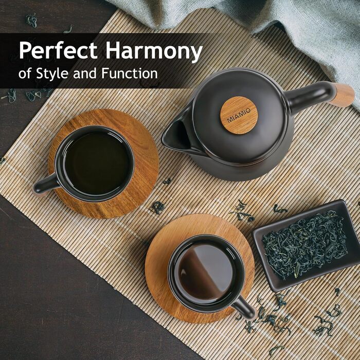 Набір для чаю Miamio: чайник 1 л з ситечком та 4 чашки (300 мл), підставка з бамбука. Кераміка, білий/чорний