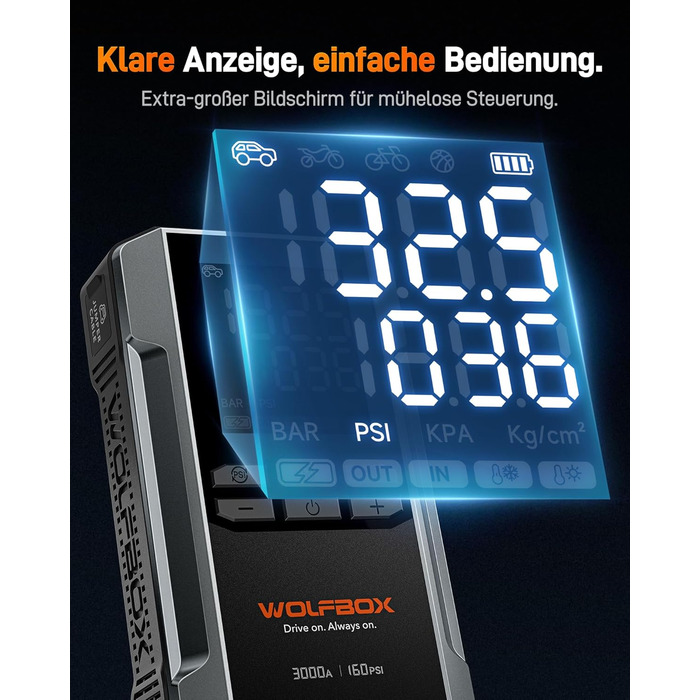 WOLFBOX 4000A Пускозарядний пристрій з компресором 160PSI, 12V, 65W, 88.8Wh, для бензинових/дизельних двигунів 10L, LED-ліхтар, кабелі, 4000A