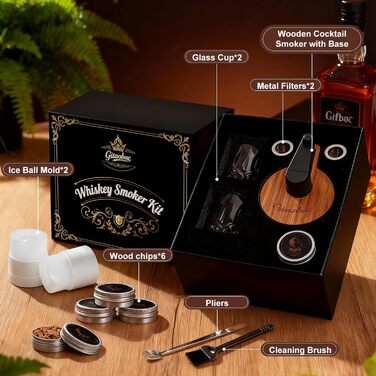 Набір для копчення віскі зі вбудованим запальничкою, 6 видів тирси, 2 склянки, 2 форми для льоду, набір для димчастого коктейлю, подарунок на Різдво та день народження для чоловіків, батька, чоловіка (БЕЗ бутану) (коричневий)
