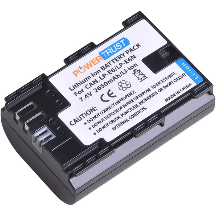 Акумулятор PowerTrust LP-E6/LP-E6N та зарядний пристрій для Canon EOS R5, R5 C, R6, R7, R, 60Da, 60D, 70D, 80D, 90D, 5DS R, 5Ds, 5D Mark II, 5D Mark III, 5D Mark IV, 6D, 6D Mark II, 7D, 7D Mark II