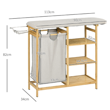 HOMCOM Laundry Basket 57.4 L Laundry Collector with Ironing Board and Iron, Laundry Box with 3-Tier Shelf, Pull-Out and Removable Bag