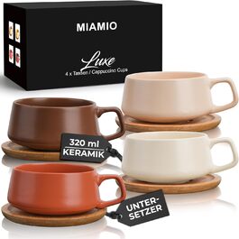 MIAMI - Set of 4 x 320 ml Coffee Cups/Cappuccino Cups with Saucers/Elegant/Modern/Coffee Cups made of Stoneware - Luxe Collection 4-Piece Set (Beige Pastel)