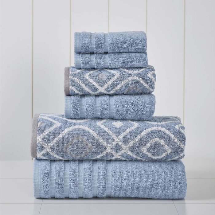 Amrapur Overseas Modern Threads Towel Set, 6-Piece, Yarn-Dyed, Oxford Stripe, Jacquard, Solid Color, Ultra-Soft, 500 g/m², 100% Combed Cotton, Blue Standard Blue