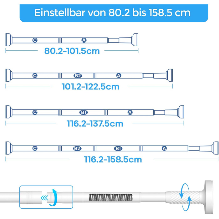 Штанга для карнизів AIZESI без свердління, 100-230 см, Ø 25 мм, телескопічна, для кріплення - регульована штанга для вікон, душу, балкону (білий, 81-158 см)