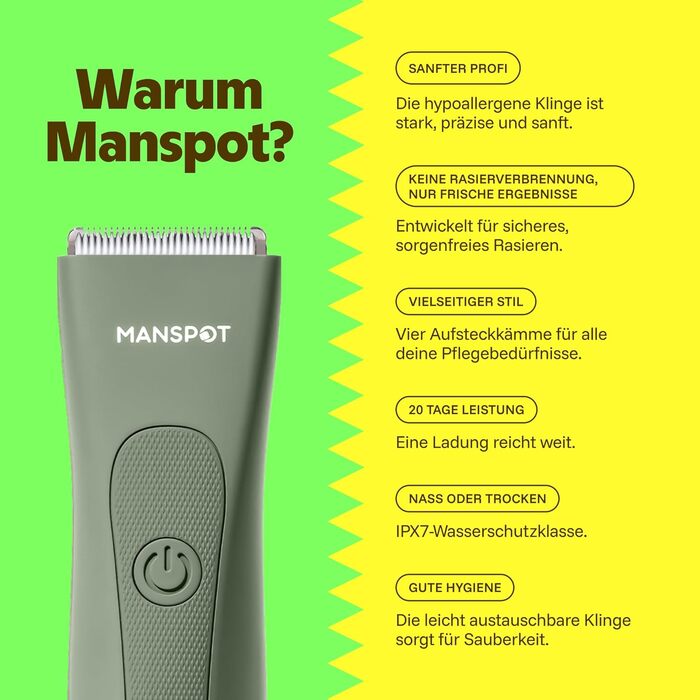 Триммер для тіла MANSPOT Intimrasierer для чоловіків, водонепроникний, з 4 насадками для інтимної зони, грудей, ніг та пахв – для сухого та вологого гоління