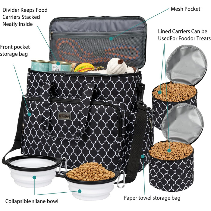 Сумка для собак Baglher, переноска для тварин (усі аксесуари для подорожей з тваринами), з 2 контейнерами для корму та 2 складаними мисками з силікону; незамінний набір для подорожей з домашніми тваринами, блакитний колір (L, чорний)