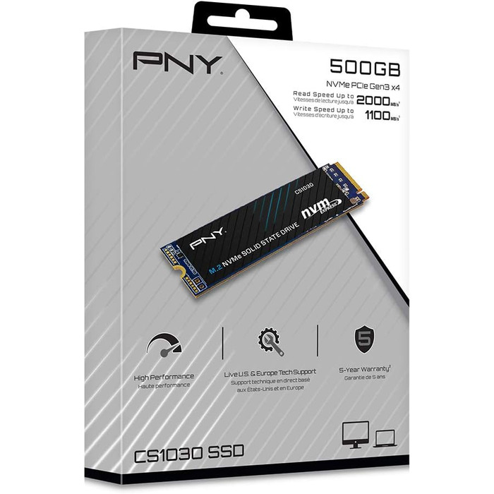 SSD PNY CS1030 500GB M.2 NVMe PCIe Gen3 x4 - 2100 МБ/с читання, 1700 МБ/с запис