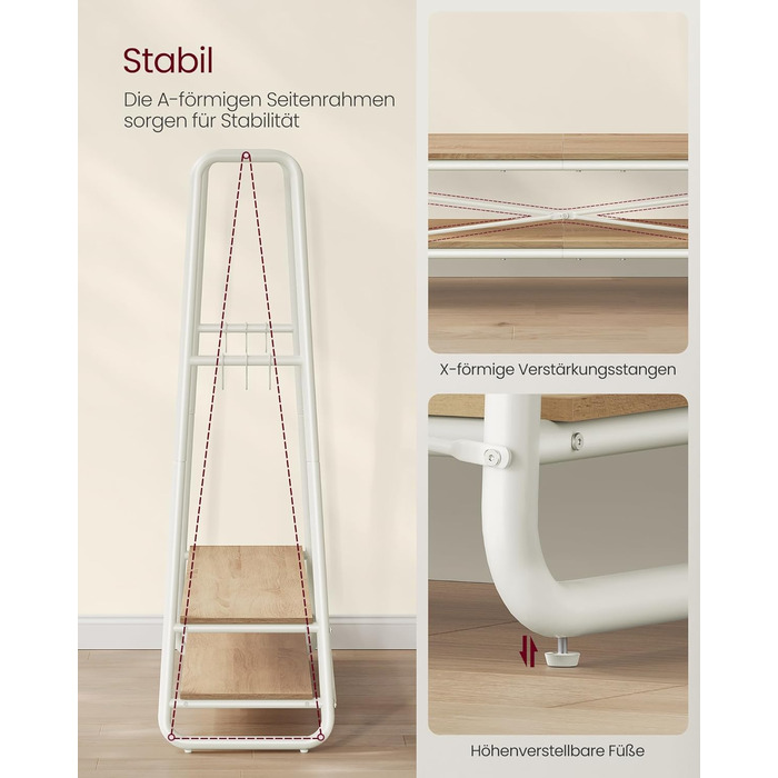 Стійка для одягу VASAGLE RGR119W09, 2 полиці, 6 гачків, сталеве каркас, 45 x 138 x 160 см, для спальні, коридору, прихожої, бежево-білий колір