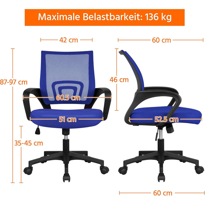 Офісний стіл Yaheetech з ергономічною спинкою з сітки, регульованою висотою та підлокітниками, поворотний крісло для начальника, витримує до 136 кг, блакитний