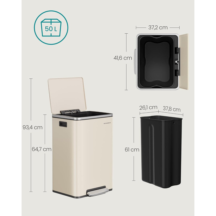 Відро для сміття SONGMICS 50 л, нержавіюча сталь, знімний внутрішній відро, Soft-Close, з кришкою та ручками, кремовий (LTB595E01)