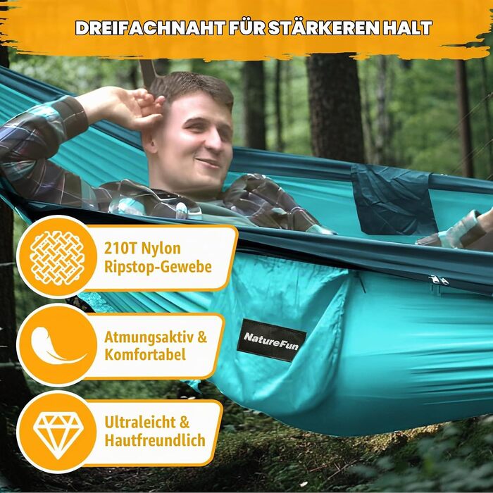 Ультралегкий кемпінговий гамак NATUREFUN з москітною сіткою, нейлоновий, синій (витримує до 300 кг, швидкосохнучий матеріал, комплект з карабінами та стропами)