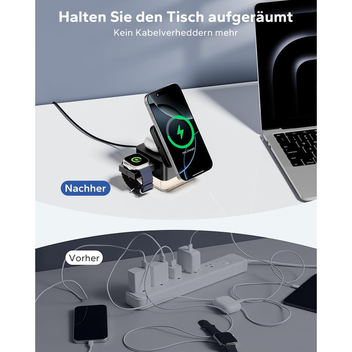 База для зарядки Apple Watch та iPhone KPON Magsafe 3-в-1, сумісна з iPhone 17/16/15/14/13/12/Air/Pro Max, Apple Watch 11/10/9, AirPods (Сірий/Чорний)