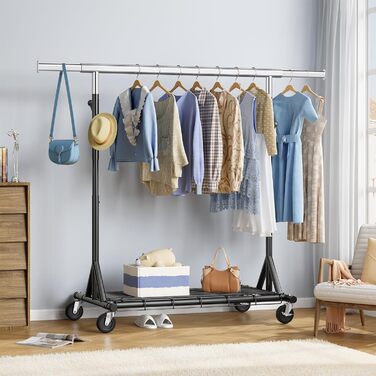 Легкий мобільний вішак для одягу на колесах FAVOOOSTY, металевий, до 200 кг, чорний, 1 стяжка