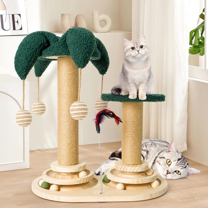 Інтерактивне котяче іграшкове комбо 6-в-1: дерев'яні меблі, кульки, пір'я, м'яч-трекер, когтеточка з сизалю та джуту для котів середніх та маленьких порід (білий, зелений)