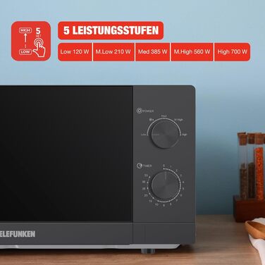 Мікрохвильова піч Telefunken Solo, 20 л, 700 Вт, 5 рівнів потужності, чорна