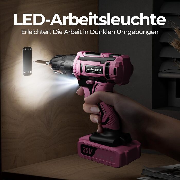 Акумуляторний шуруповерт 20V з набором аксесуарів 85 шт. (85tlg), 42Н.м, 2000mAh, 25+1 момент, 10мм патрон, легкий, LED, рожевий (для подарунка на День святого Валентина)