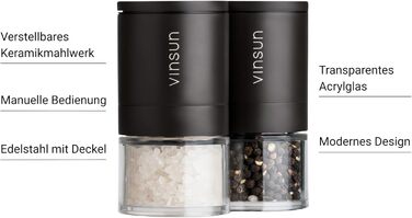 Набір з 2 мельниць для солі та перцю Vinsun - ручні, керамічний механізм, регульований, нержавіюча сталь, ø51x100mm
