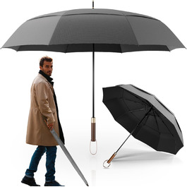 Logan & Barnes Chicago Stormproof Umbrella - Large 2-Person Umbrella with Wooden Handle - Grey