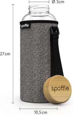 Glass Bottle 1.5 liter - Drinking Bottle Glass 1.5 l with Bamboo Lid - Glass bottle - Water bottle - Glass drinking bottle suitable for carbonated drinks - dishwasher safe - Wide mouth (Black Melange)