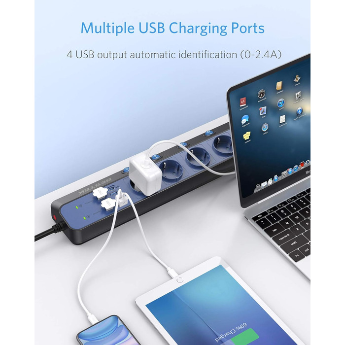 BESTEK Розподільник розеток 6-фазний з USB, захист від перенапруги 900 Дж, настінний, з вимикачем, синьо-білий, кабель 3 м