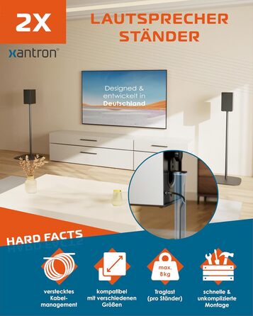 Підставка для колонок Xantron® 2X, регульована висота до 103 см, з антиковзким покриттям та прихованою прокладкою кабелю, з кріпленням, PREMIUM-USF-2