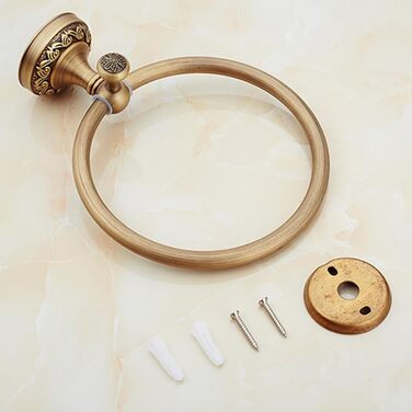 Brass toothbrush holder, antique bronze finish, cup holder with white ceramic cup, wall-mounted, bathroom accessory, patterned carving design (towel ring)