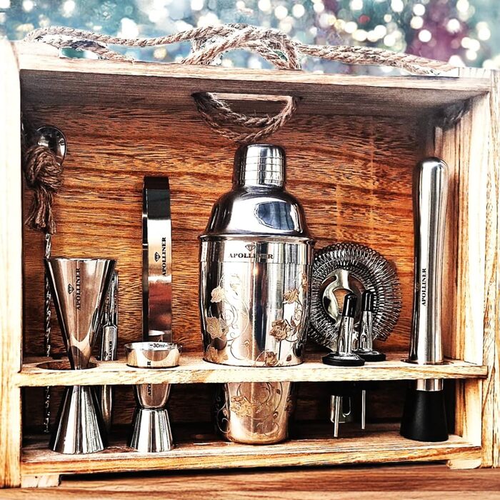 Cocktail Shaker, Professional Cocktail Shaker Set, Stainless Steel, 16 Pieces, Wooden Carrier, Easy to Carry, for Storing Aperitifs, Cocktail Set (16)