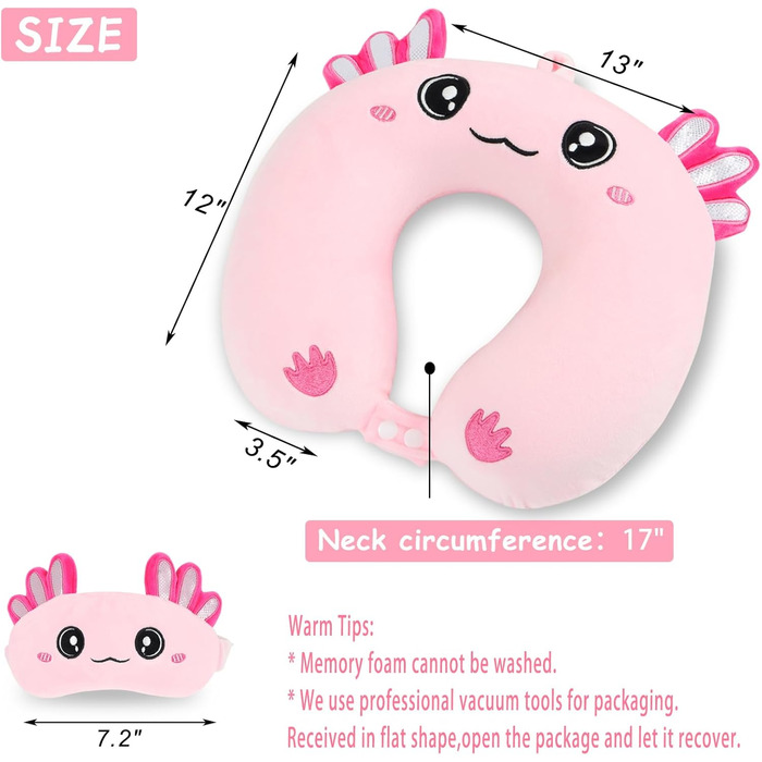 Дитяча подушка для подорожей з маскою для сну, м'яка подушка для шиї з Memory Foam, для дітей, хлопчиків та дівчаток, підлітків, аксесуари для подорожей, подушка для шиї (Аксолотл)