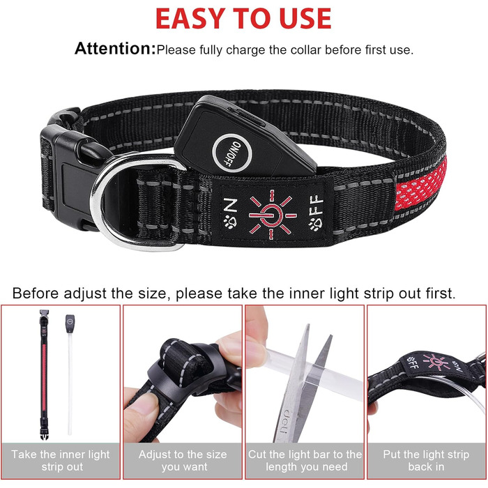 Світловідбиваючий нашийник для собак AUAUY LED, USB-зарядка, водонепроникний, регульований, безпечний, 6 кольорів (-S), S(11.8-15.7'/30-40 cm) (Червоний)