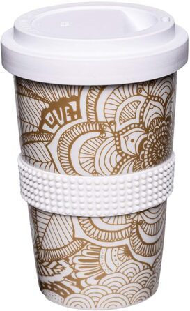 Mahlwerck Coffee-to-go Cup, Porcelain Coffee-to-go Cup with Leak-proof Lid, Design, Grey, 400ml (1 piece (1-pack), Gold)