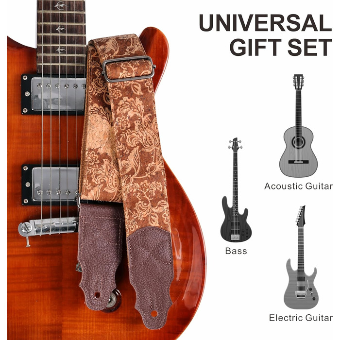 Гітарний ремінь з натуральної шкіри (2 дюйми) для акустичної, бас та електрогітари. Регулюється від 96 до 163 см. М'яка обробка деревини, коричнева квітка.