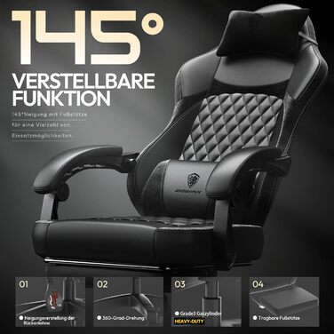 Ігровий крісло Dowinx з PU-шкіри, ергономічний, з підтримкою попереку, для ПК, до 150 кг (чорний)