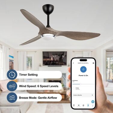 Стеляний вентилятор Reiga з підсвічуванням та пультом дистанційного керування, 132 см, тихий реверсивний двигун, 6 швидкостей, таймер, регульована яскравість та 3 колірні температури, коричневі лопаті (сірі та чорні лопаті)