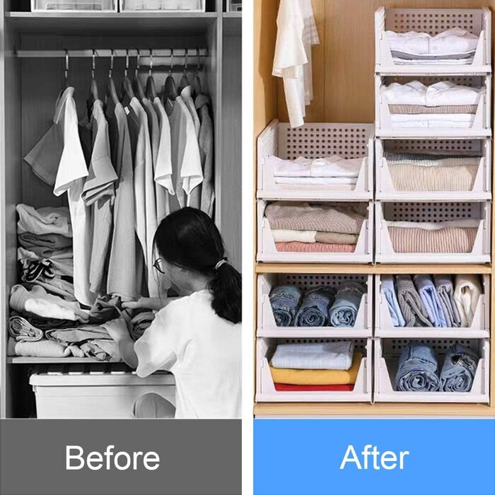 Set of 4 Stackable Folding Clothes Storage Boxes, Plastic Closet Shelves, Closet Organizer Boxes, Pull-Out Drawer-Like Design, Suitable for Home, Bedroom, Kitchen