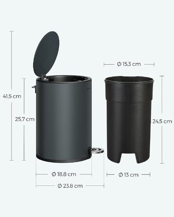 Кошик для сміття у ванну кімнату SONGMICS PARRI LTB11WT, сталевий з м'яким закриттям Softclose та виймаюмим пластиковим відром, 3 л, білий